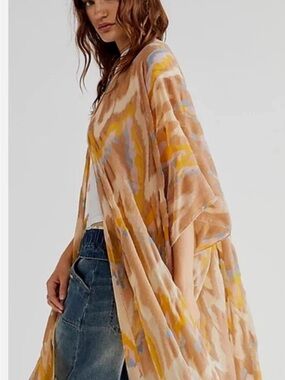 Free People Peach, Yellow & Light Blue Printed Kimono